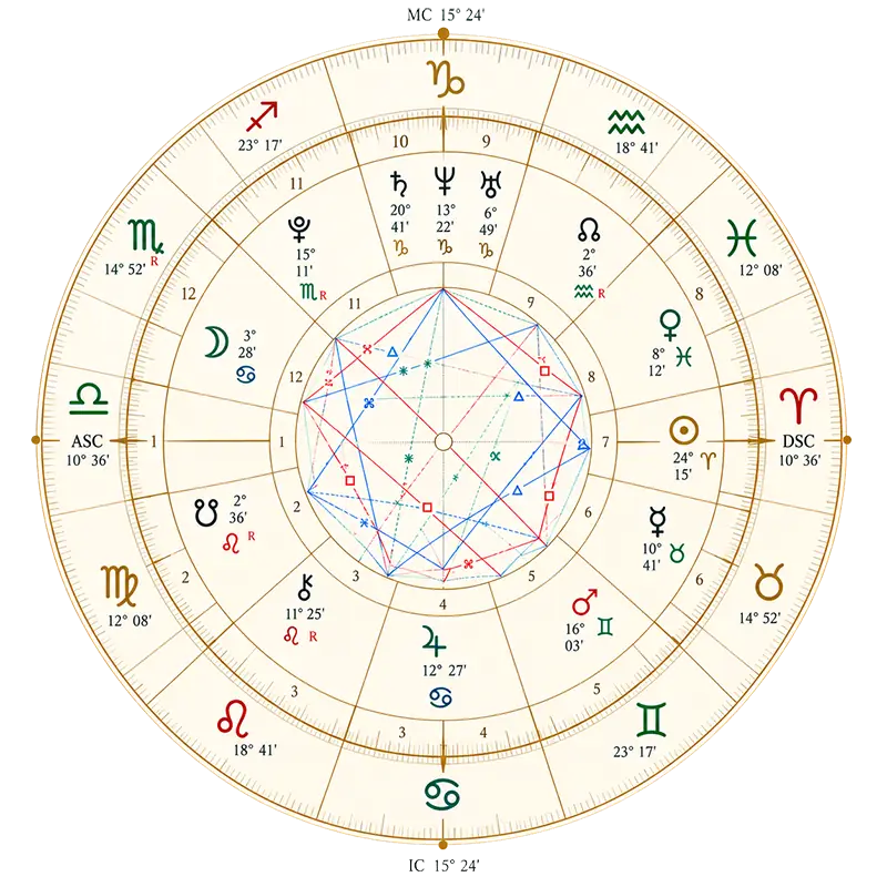 Rueda de la carta natal con los planetas, los signos, las casas y los aspectos